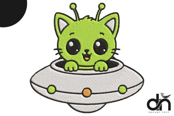 Kawaii Alien Cat UFO Embroidery Design