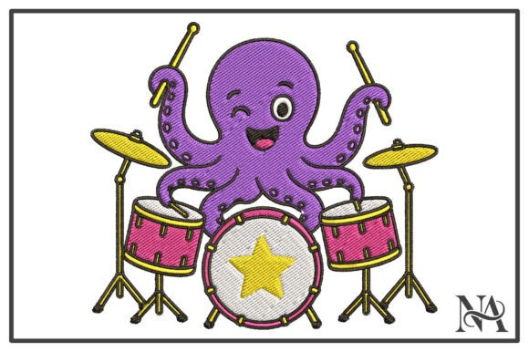 Rockstar Octopus Drummer Embroidery
